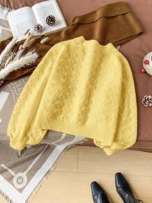 SHEIN Privé Plus Size Casual Vacation Home Vintage Elegant Afternoon Tea Apricot Crew Neck Long Sleeve Knitted Cardigan Sweater, Autumn/Winter - Yellow - View 11