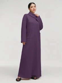 Al Najma 女士纯色高领长袖口袋宽松长款休闲阿拉伯连衣裙，休闲风格，适合日常休闲/旅游/度假/休假/家居服，超长阿拉伯连衣裙 - 紫色 - 查看 5