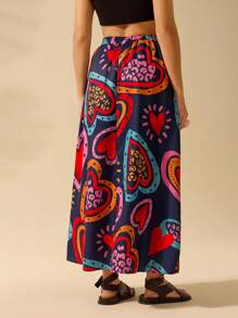 CAJUNI Falda larga de estilo boho con estampado de corazones de colores para mujer, falda informal de playa de verano negra - Azul - Ver 2