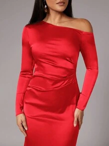 Silquee Robe longue en satin bordeaux à épaules dénudées pour femme, manches longues, pour l'automne et l'hiver.Robe longue femme, pour l'automne et l'hiver, robe de soirée, de mariage, de demoiselle d'honneur, de sortie, d'Halloween, de Noël et de vacances. Robe longue avec décolleté bas et drapé. - Rouge - Voir 6