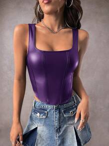 SHEIN BAE Square Neck Asymmetrical Hem PU Tank Top