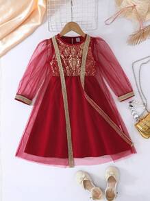 SHEIN 2 Pcs/Set Young Girl Spring Autumn Foil Print Shawl Coat & Dress Set - Red - View 1