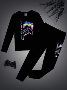 SHEIN Tween Boy 2pcs/Set Colorful Gamepad Graphic Round Neck Drop Shoulder Long Sleeve Top And Pants Soft, Comfortable Pajama Set - Black - View 1
