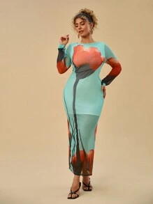 SHEIN VCAY Plus Size Flower Print Casual Long Sleeve Slim Fit Dress - Multicolor - View 1