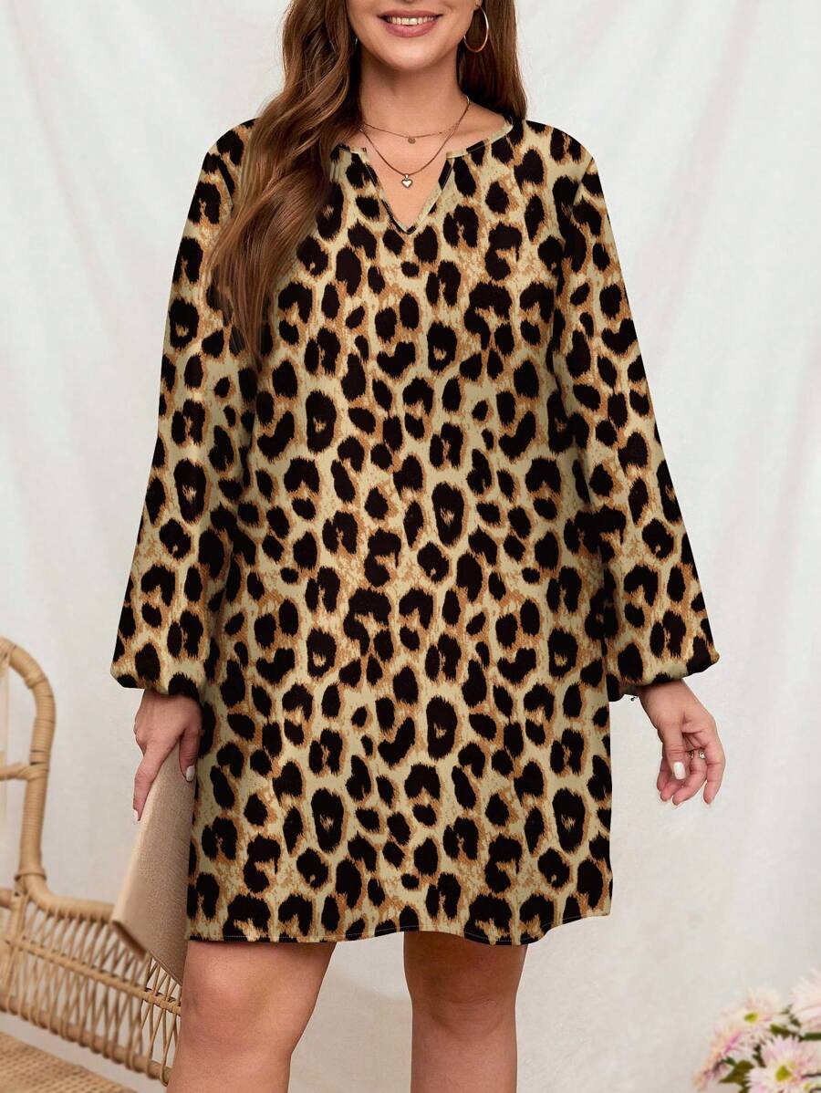 SHEIN LUNE 大码休闲豹纹长袖连衣裙，适合春秋季节 - 彩色 - 查看 1
