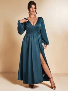 Allurite Robe maxi évasée fendue haute à col V élégante pour soirée pour femme en grande taille, tenue de mariage