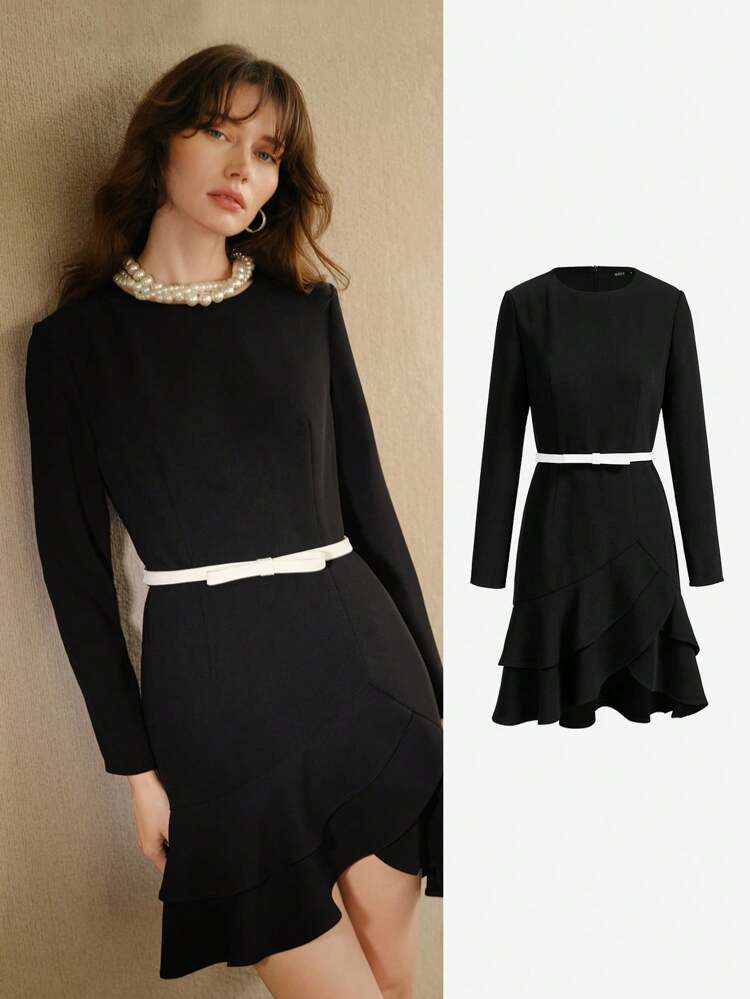 MOTF STUDIO WRAP ASYMMETRICAL RUFFLE HEM SHORT DRESS WITH CONTRAST BOW BELT, NEW YEAR OUTFIT
