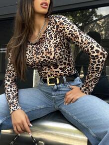 INAWLY Women's Casual Leopard Print Long Sleeve T-Shirt, Spring & Autumn Tee Cheetah Print Tees Women Tops For Spring Fall - Multicolor - View 3