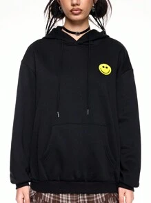 themindfulbutterflyy Streetwear College Style Slogan Print, & Floral Embroidery Mesh Hooded Sweatshirt - Black - View 4