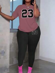 INAWLY 大尺碼女士數字印花圓領t恤和打底褲休閒兩件套裝 - 彩色 - 查看 1