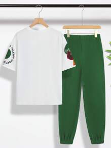 SHEIN 2 Teiliges Set lose sitzender Lässig Rundhals Muster Kurzarm T-Shirt & Hose für Teenager; Frühlingsbekleidung; Teenager Jungen Kleidung; Teenager Jungen Jacken, Frühling Schulanfang - Verschiedenfarbig - Übersicht 2