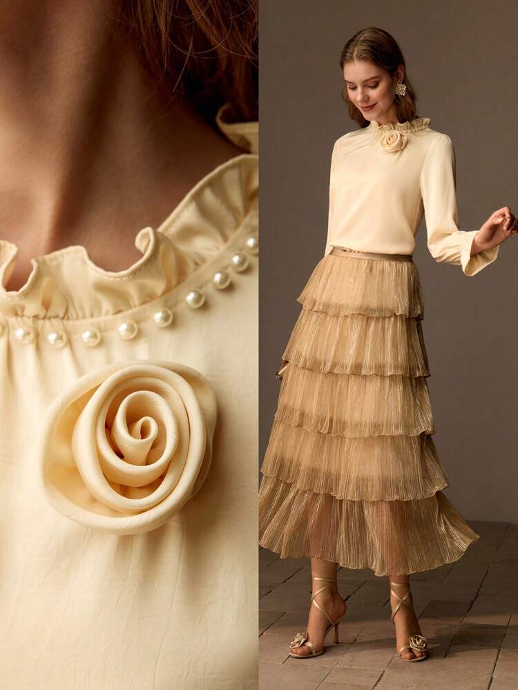 FRILL MOCK NECK STEREO FLOWER DETAIL FLARE SLEEVE BLOUSE