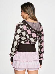 ROMWE Kawaii Y2K Himekaji Argyle Pattern Bowknot Front Cardigan For Women - Brown - View 5