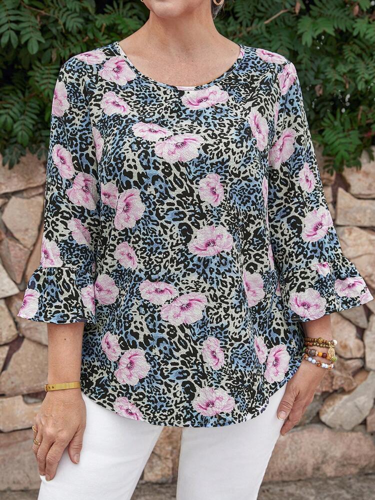 Plus Size Spring Summer Leopard Floral Print Casual Everyday Wear Minimalist Style Mother Blouse Vacation Woman