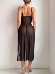 PetitDoll 2pcs Lace Sheer Mesh Bodycon High Slit Cami Sexy Lingerie Dress For Going Out - Black - View 2