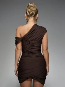MISSGUIDED Asymmetric Cut Out Ruched Bandage Mini Dress - Brown - View 2