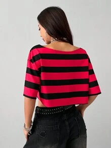 Coolane 女士夏季休闲运动 V 领露肩 T 恤、音乐节条纹服装 - 彩色 - 查看 2