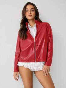 TRNVIE 1 件女式立领机车拉链长袖 PU 皮夹克，街头风格休闲，红色，秋冬 - 玫瑰紅 - 查看 4