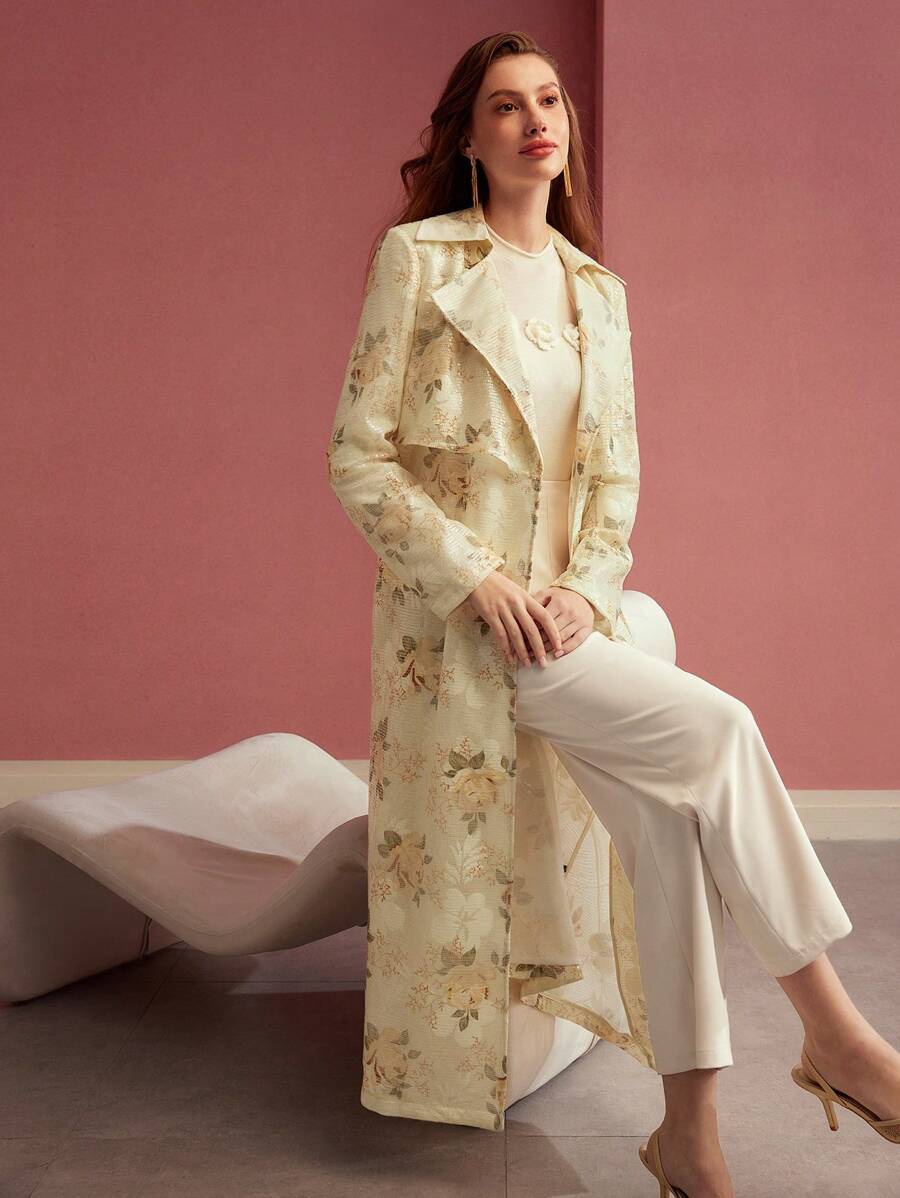 MOTF PREMIUM CASACO TRENCH COM ESTAMPA FLORAL DE LANTEJOULAS