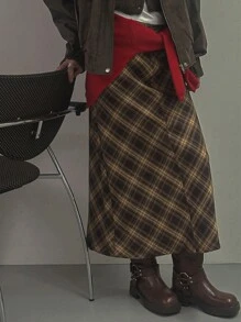 DAZY Women's Low Waist Plaid Long Straight Skirt, Coffee Brown, All Season Fall Skirts