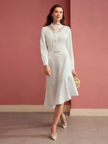 MOTF PREMIUM VESTIDO DE CORTE BIES CON ENCAJE DE CONTRASTE - Blanco - Ver 5