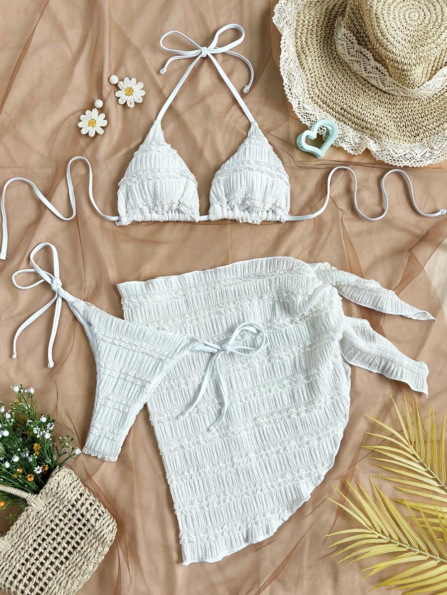 Soleia 3pcs Women's White Jacquard V-Neck Bikini Cover Up Wrap Around Skirt Set, Swim Suits For Women,Vacation Outfit Women,Summer Outfits For Women,Beach Outfits For Women - White - View 1