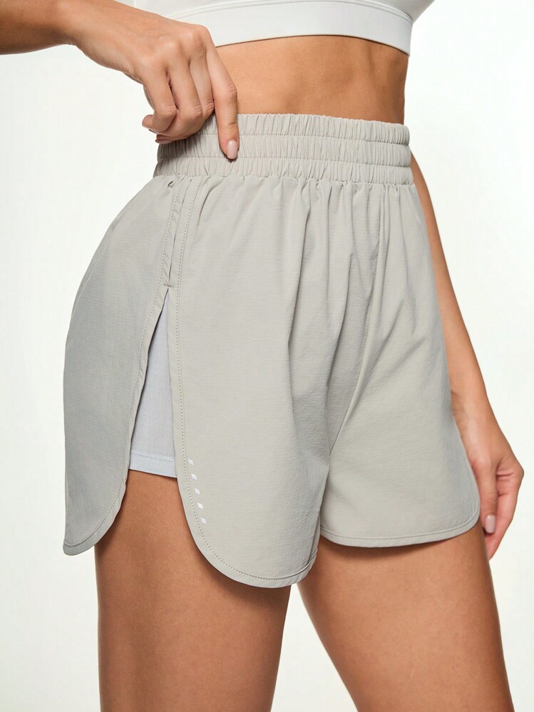 Eassivo Eassivo 高腰宽松运动防闪光短裤，性感修身，适合健身、瑜伽、跑步女士运动短裤、健身短裤、骑行短裤 - 卡其色 - 查看 3