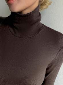 DAZY Solid Color Turtleneck Long Sleeve Base Layer T-Shirt, Casual Autumn/Winter - Coffee Brown - View 1