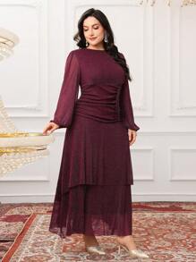 Modelyn Plus Size Plain Crew Neck Long Sleeve Ruched Simple Casual Dress - Burgundy - View 6
