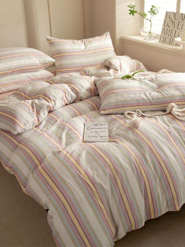 Juego de ropa de cama de 4 piezas, funda nórdica a rayas verticales de colores simples, juego de ropa de cama minimalista nórdico suave y amigable con la piel, que incluye 1 funda nórdica, 1 sábana bajera y 2 fundas de almohada (sin relleno)