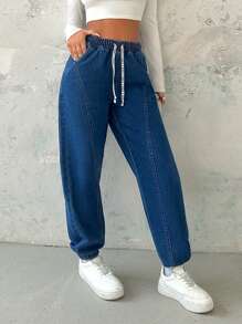 EURMUSE Casual Distressed Drawstring Waist Tapered Leg Denim Jeans - Medium Wash - View 4