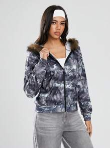 SHEIN Unity 1件女士休闲树叶印花保暖连帽卫衣，多色可选，时尚复古风格，适合秋冬季节穿着。 - 軍綠色 - 查看 6