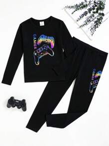 SHEIN Tween Boy 2pcs/Set Colorful Gamepad Graphic Round Neck Drop Shoulder Long Sleeve Top And Pants Soft, Comfortable Pajama Set - Black - View 3