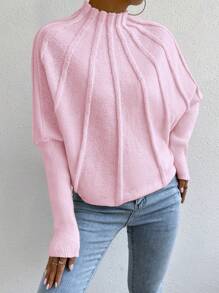 Chiquease Women's Solid Color Stand Collar Batwing Sleeve Casual Pullover Sweater, Autumn And Winter,Long Sleeve Tops, Knit Pullover Fall - Pink - View 3