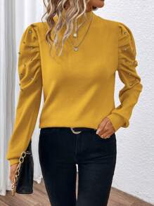 SHEIN Clasi Women's Rhinestone Decorated Solid Color Long Sleeve Knit Sweater, Simple Casual For Everyday Wear Knit Pullover Fall Winter Sweater - Yellow - View 5