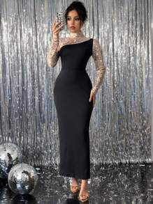 Chiquease Women Elegant Sequin Splice Stand Collar Contrast Color Long Dress - Multicolor - View 1