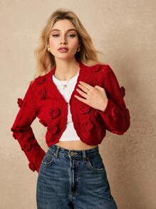 Poéselle 立体花朵钩针开衫 情人节毛衣 情人节毛衣 红色 女上衣 长袖上衣 - 酒紅色 - 查看 3