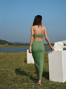 SHEIN BAE Cutout Solid Split Hem Dress - Mint Green - View 8