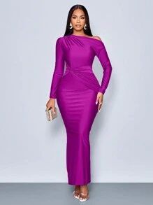 SOLERSUN Suitable For Christmas Party Vacation & Dating Elegant Asymmetric Neckline Ruched Side Bodycon Dress, Valentine's Day Dating Fall Cloth For Women - Purple - View 4