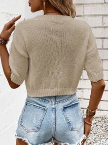 EMERY ROSE New Arrival Short Sleeve Knitted Sweater With Round Neck, Elegant Pullover - Apricot - View 2