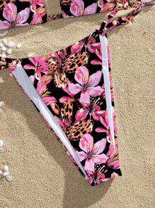 SHEIN Women 2Pcs Sexy Triangle Cup Halter Halter Asymmetric Round Ring Solid Color Spaghetti Strap Bikini Set Summer - Black - View 4