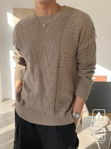 Manfinity CasualKnits Men's Solid Color Crew Neck Long Sleeve Hollow Casual Sweater - Apricot - View 8