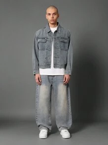 Sumwon Projects Script Logo Vintage Denim Jacket Streetwear Casual Workwear Trucker Style Button Front Outerwear - Light Wash - View 6