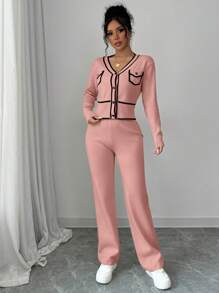 Elenzga 2pcs/Set Casual Color Block Trim Cardigan Sweater & Pants Set, Autumn/Winter - Pink - View 3