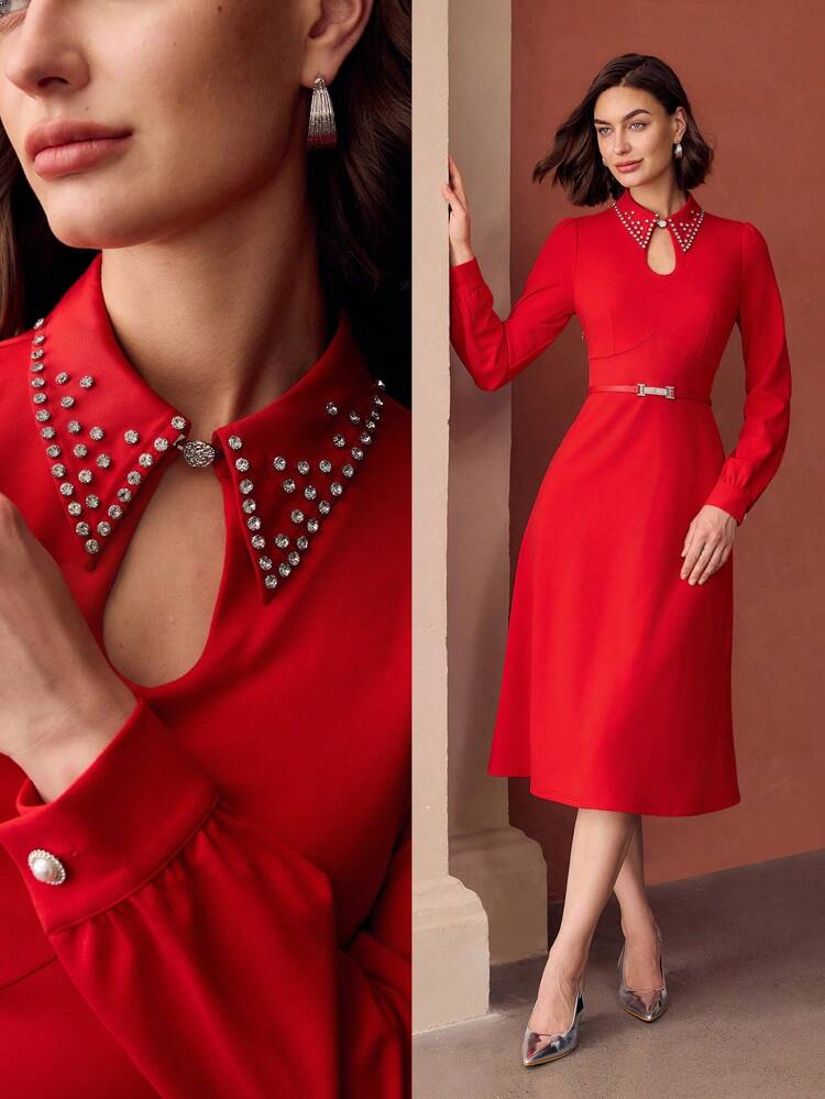 VESTIDO MIDI COM DECOTE EM BURACO DE FECHADURA DE STRASS SÓLIDO SEM CINTO, ROUPAS DE ANO NOVO, LOOK FEMININO