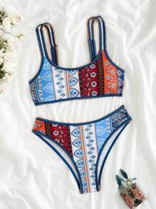 Floral Print Bikini With Adjustable Shoulder Straps Ruffle Trimmed Swimwear Top And Bottom, Summer Beach Vacation Style - Multicolor - View 1