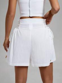 SHEIN Essnce 女士夏季纯色系带短裤白色系带简约休闲短裤日常穿着短裤女士情人节度假短裤 - 白色 - 查看 7