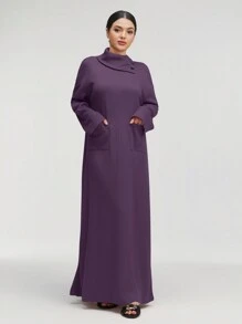 Al Najma 女士纯色高领长袖口袋宽松长款休闲阿拉伯连衣裙，休闲风格，适合日常休闲/旅游/度假/休假/家居服，超长阿拉伯连衣裙 - 紫色 - 查看 7