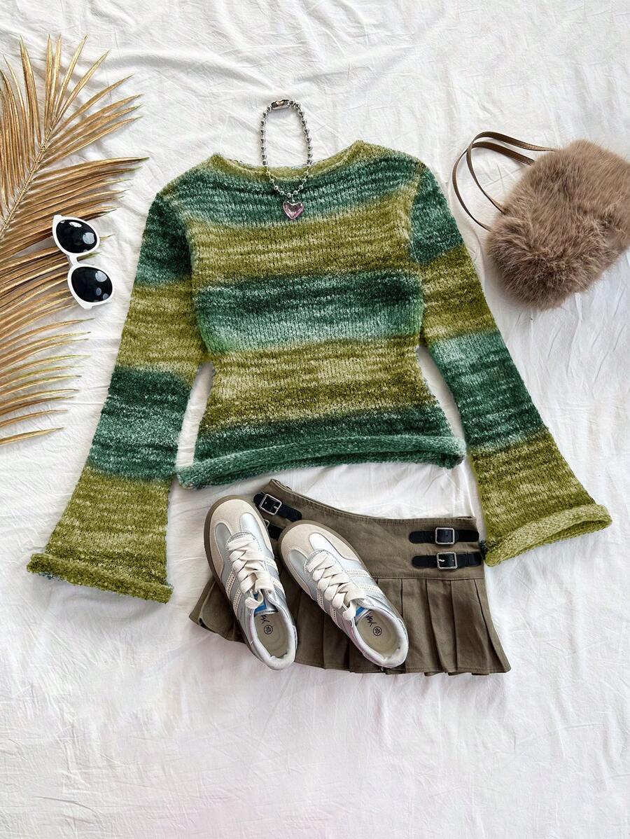 Soleia Women's Holiday Colorful Striped Flared Sleeve Knit Pullover, Fashionable And Warm - Multicolor - View 1