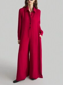 Ontre 女士2025新年红色夸张阔腿衬衫领连体裤，春季 - 酒紅色 - 查看 3